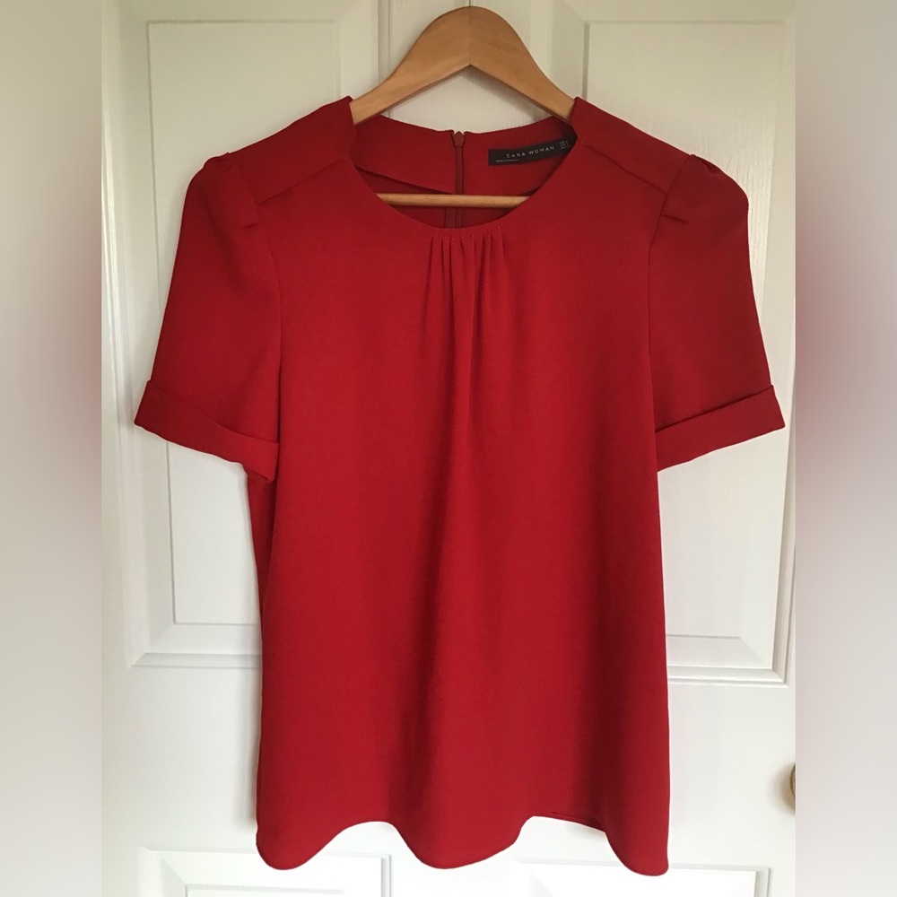 Zara red blouse with gathered fabric at collar S
